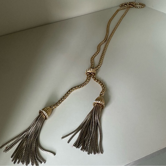 Quiet Luxury J. Crew Art Deco Metal-Tone Hanging Tassel Box Chain Necklace - Picture 2 of 4